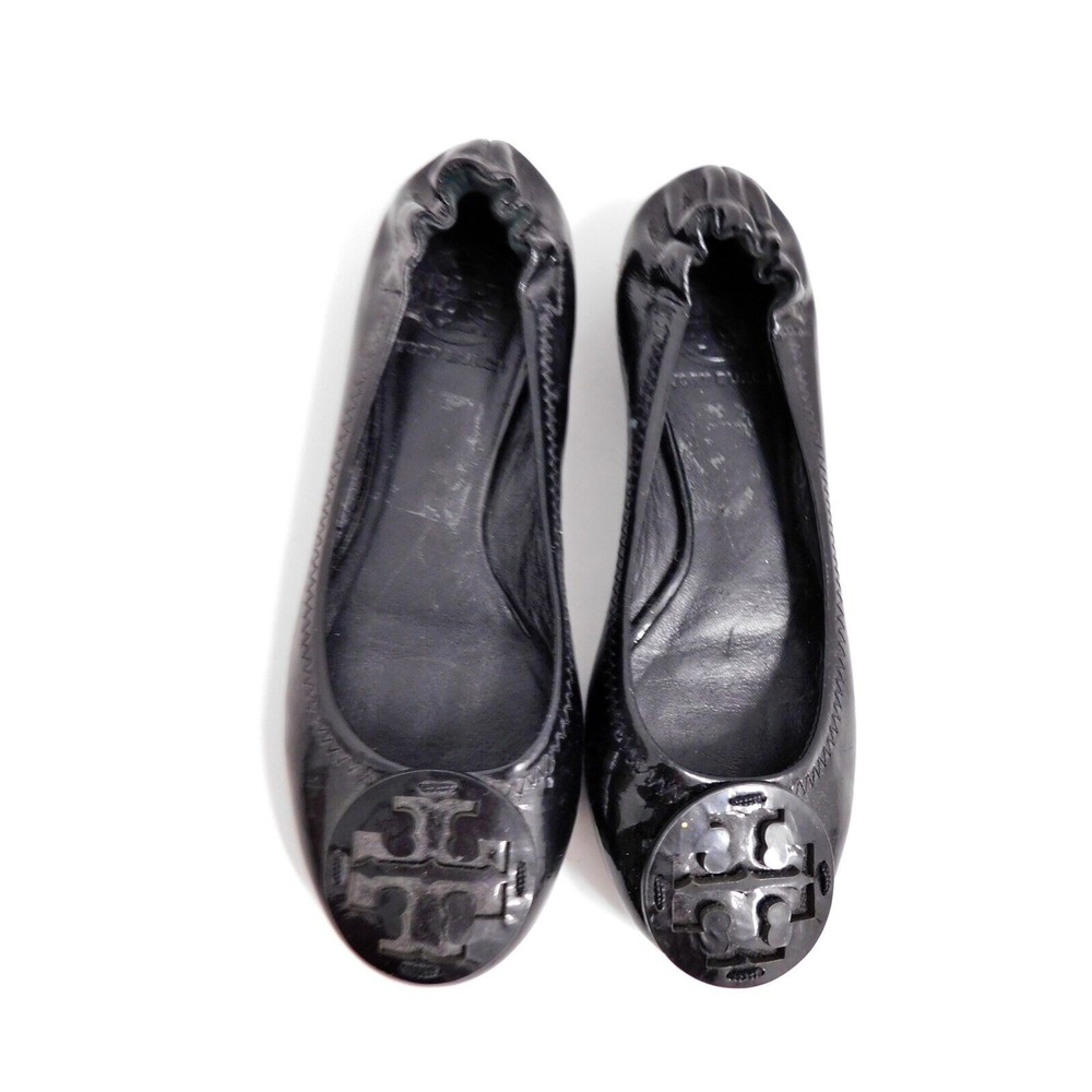 Tory Burch Reva Black Patent Leather Medallion Ballet Flats 5 M